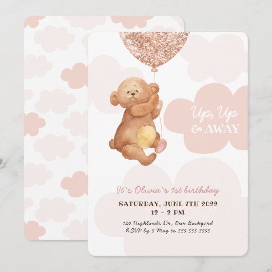 Op, omhoog en weg Teddy Bear Pink Clouds Baby Birt Kaart (Voorkant / Achterkant)
