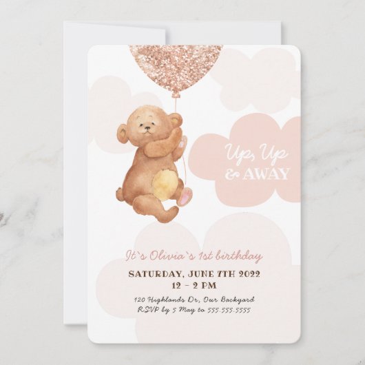 Op, omhoog en weg Teddy Bear Pink Clouds Baby Birt Kaart (Voorkant)