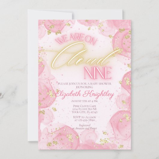 Op Pink Cloud Nine 9 Gold Glitter Girl Baby shower Kaart (Voorkant)