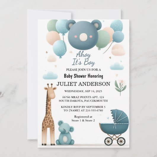 Op Soft Boho Beer Blue Cub Welkom Baby Boy Shower Kaart (Voorkant)