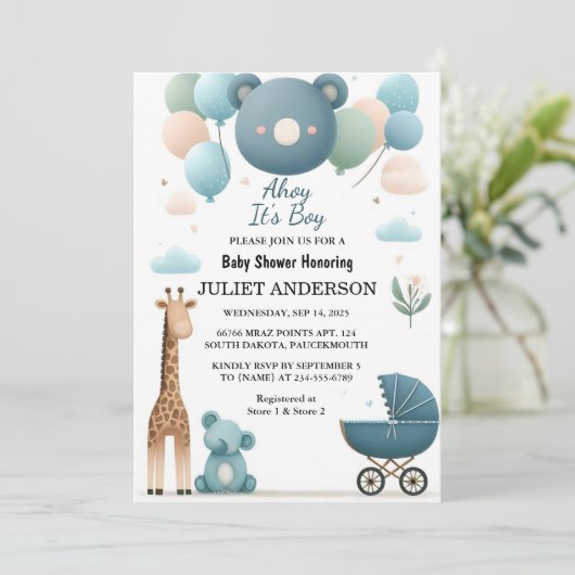 Op Soft Boho Beer Blue Cub Welkom Baby Boy Shower Kaart (Staand voorkant)