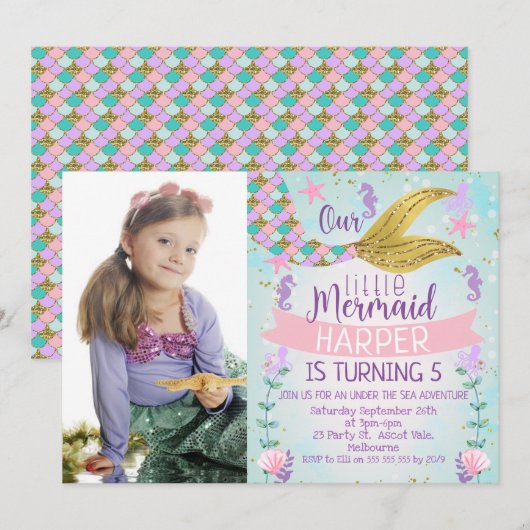 Op uitnodiging van het Zee Mermaid Tail Birthday (Voorkant / Achterkant)