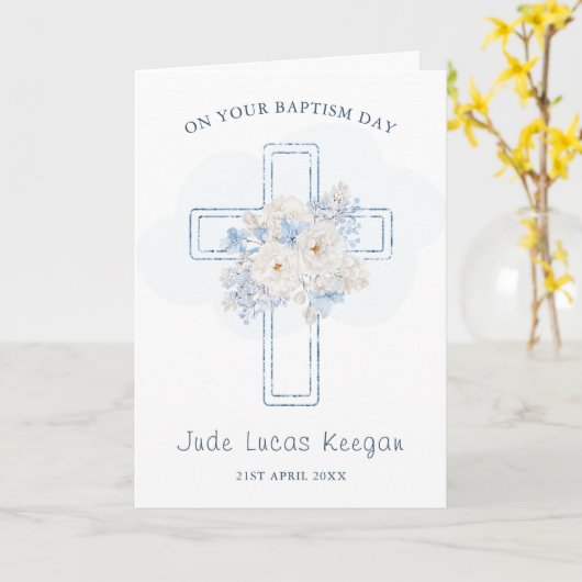 Op uw doopsel Blauw Bloemenkruis Kaart (Gele Bloem)