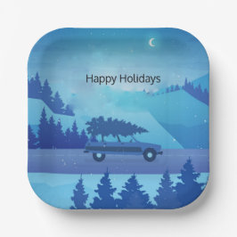 Op weg met een kerstboom papieren bordje