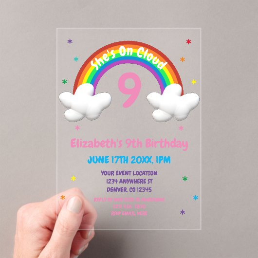 Op Wolk 9! Rainbow Birthday Acryl Uitnodigingen (Insitu (Draagbaar))