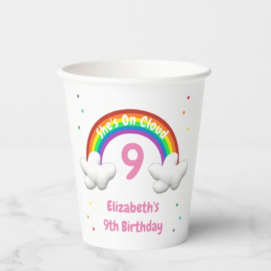 Op Wolk 9! Rainbow Birthday Papieren Bekers (Voorkant)