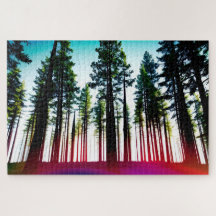 Op zoek naar een bos van hoge bomen met rood