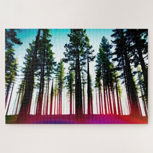 Op zoek naar een bos van hoge bomen met rood legpuzzel (Horizontaal)