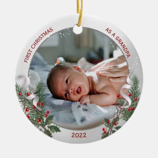 Opa 1e kerstdag Klassiek Silver Plant Lijst Keramisch Ornament (Voorkant)