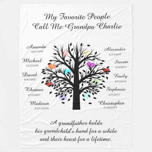 Opa Boom (hart) zwart/wit 10 namen en data Fleece Deken (Voorkant)