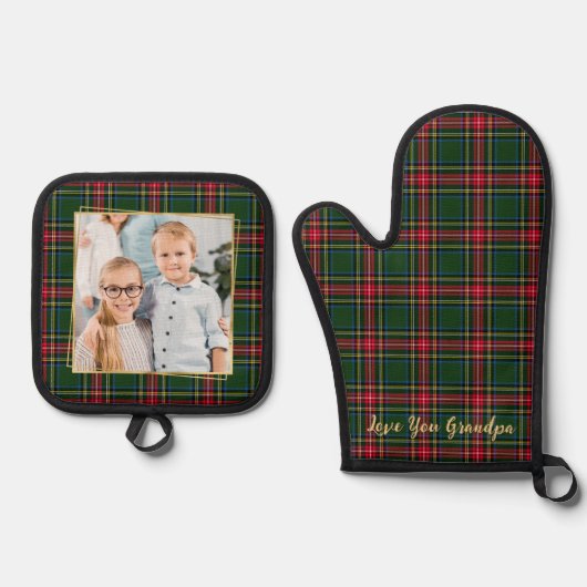 Opa Christmas Plaid Custom Gold Familiefoto Ovenwant & Pannenlap Set (Voorkant)