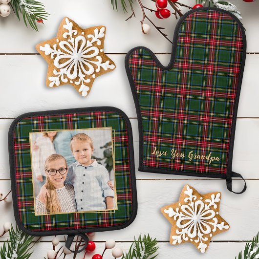 Opa Christmas Plaid Custom Gold Familiefoto Ovenwant & Pannenlap Set