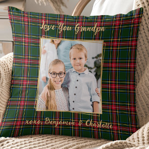 Opa Christmas Plaid Gepersonaliseerde Gouden Foto Kussen