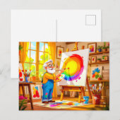 Opa die creatief op canvas schildert feestdagenkaart (Voorkant / Achterkant)