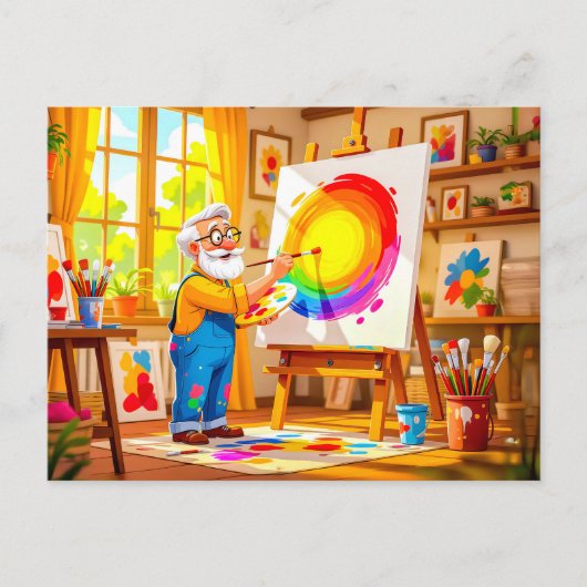 Opa die creatief op canvas schildert feestdagenkaart (Voorkant)