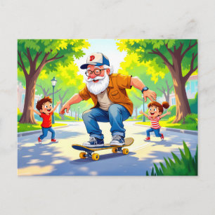 Opa die skateboarden oefent met zijn kleinzoon feestdagenkaart