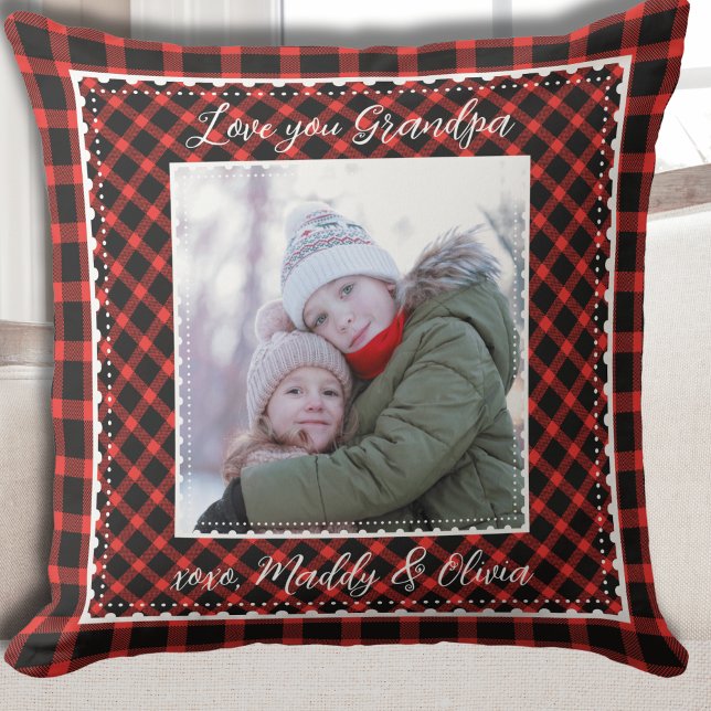 Opa Foto Geplaatst Kerstmis Kussen (Grandpa Red Buffalo Plaid Christmas Holiday Throw Pillow)