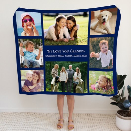 Opa Love You Photo Collage Persoonlijk Blauw Fleece Deken