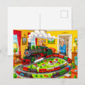 Opa met stoomtrein op enorm modelspoorbaan feestdagenkaart (Voorkant / Achterkant)