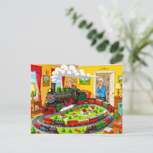 Opa met stoomtrein op enorme modelspoorbaan feestdagenkaart (Staand voorkant)
