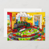 Opa met stoomtrein op enorme modelspoorbaan feestdagenkaart (Voorkant / Achterkant)