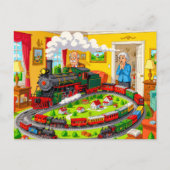 Opa met stoomtrein op enorme modelspoorbaan feestdagenkaart (Voorkant)