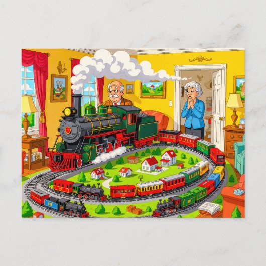 Opa met stoomtrein op enorme modelspoorbaan feestdagenkaart (Voorkant)