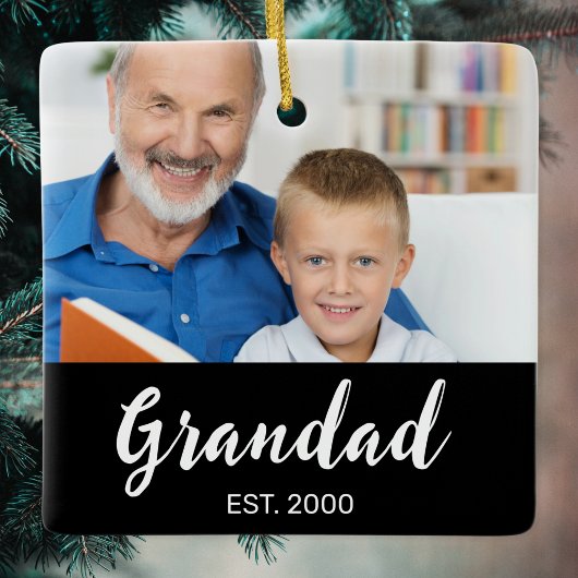 Opa Oprichtte Witte Script Foto Zwart  Keramisch Ornament