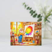 Opa schildert creatief op doek feestdagenkaart (Staand voorkant)