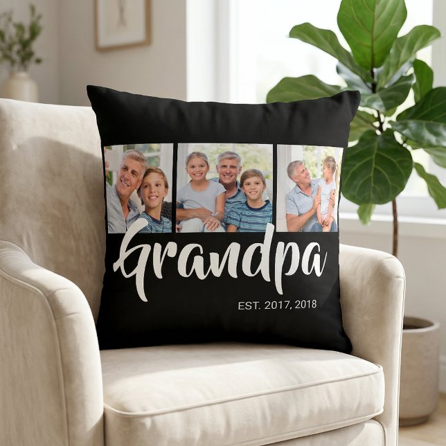 Opa Stelde Modern Schrift Zwart 3 Foto Kussen (Grandpa Established Modern Script Black 3 Photo Throw Pillow)