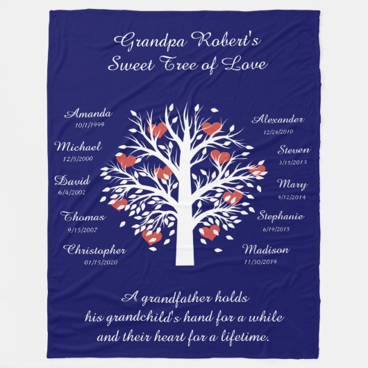 Opa Tree (harten), Wit/Blauw 10 Namen & Datums Fleece Deken (Voorkant)