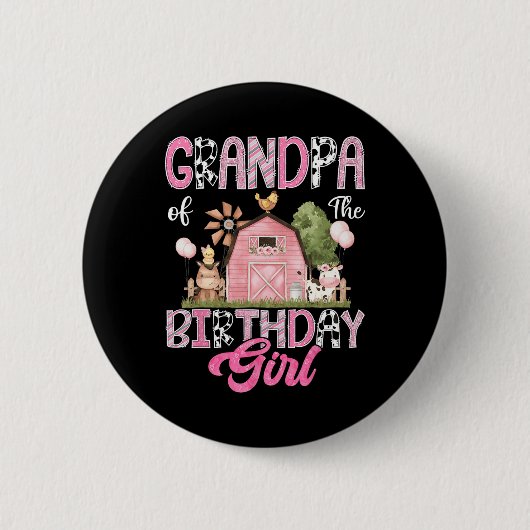 Opa van het Verjaardagsmeisje Boerderij Koe Roze 1 Ronde Button 5,7 Cm (Voorkant)