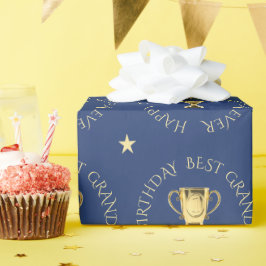 Opa verjaardagstrofee aangepaste tekst navy cadeaupapier