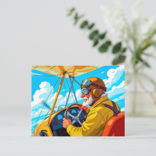 Opa vliegt met vliegtuig feestdagenkaart (Staand voorkant)