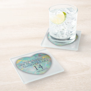 Opal 14e trouwdag jubileum hart glas glazen onderzetter