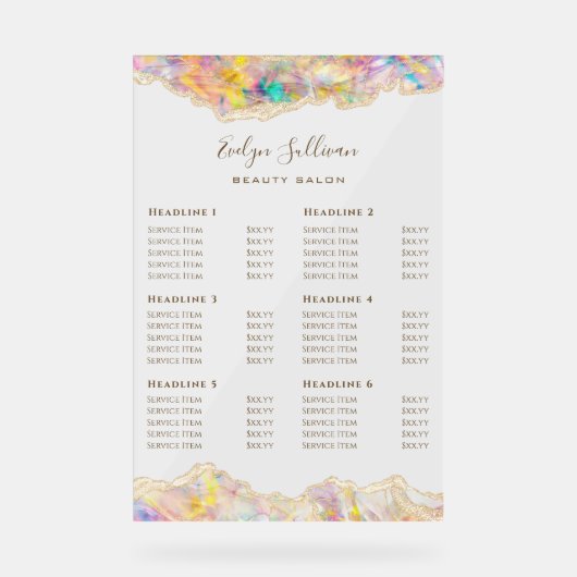 Opal Design prijslijst Acryl Bord (Voorkant)