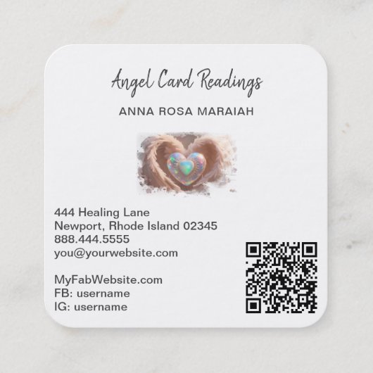 *~* Opal Dubbel Hart QR Engel Vleugels AP78 WIT Vierkante Visitekaartje (Achterkant)
