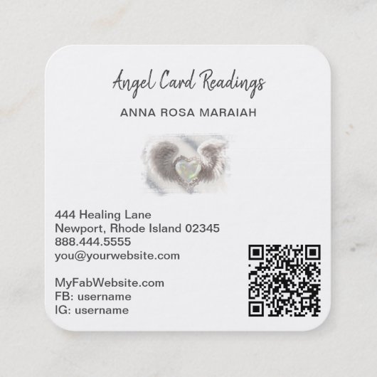 *~* Opal Heart QR Angel Wings AP78 Wit Delicaat Vierkante Visitekaartje (Achterkant)