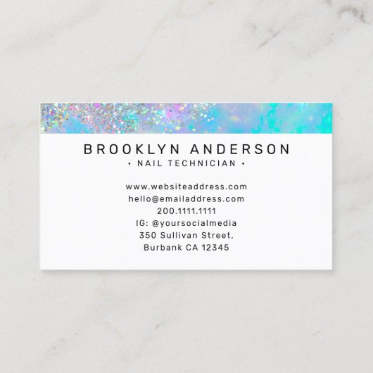 Opal Holographic Glitter Script Nail Artist Visitekaartje (Achterkant)