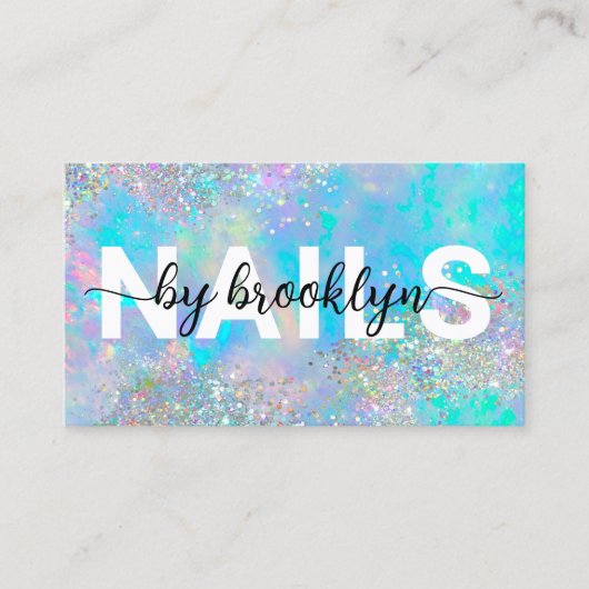 Opal Holographic Glitter Script Nail Artist Visitekaartje (Voorkant)