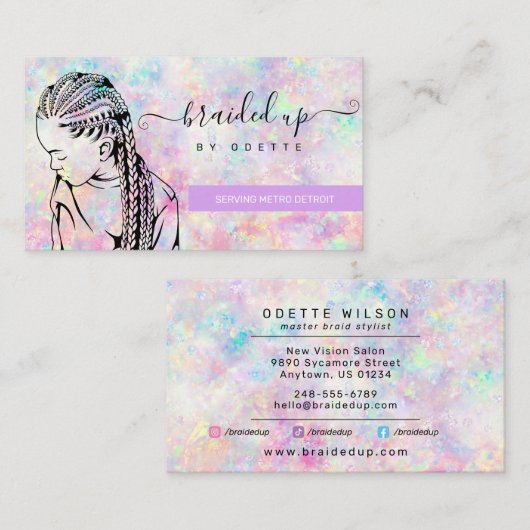 Opal Holographic Hair Braider Stylist Visitekaartje (Voorkant / Achterkant)