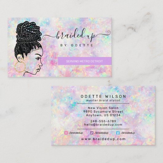 Opal Holographic Hair Braiding Braider Stylist Bus Visitekaartje (Voorkant / Achterkant)