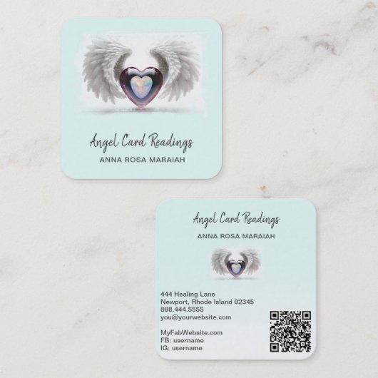 *~* Opal Twee Hart QR Engel Vleugels AP78 Aqua Vierkante Visitekaartje (Voorkant / Achterkant)