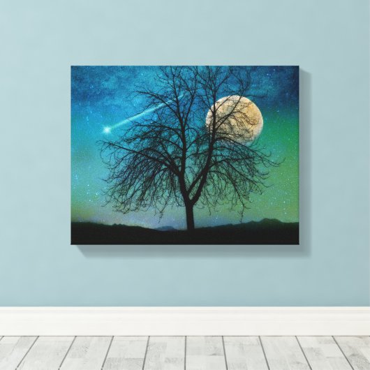 Opalescent Sky, boom, oogstmaan, vallende ster Canvas Afdruk (Insitu (Houten vloer))