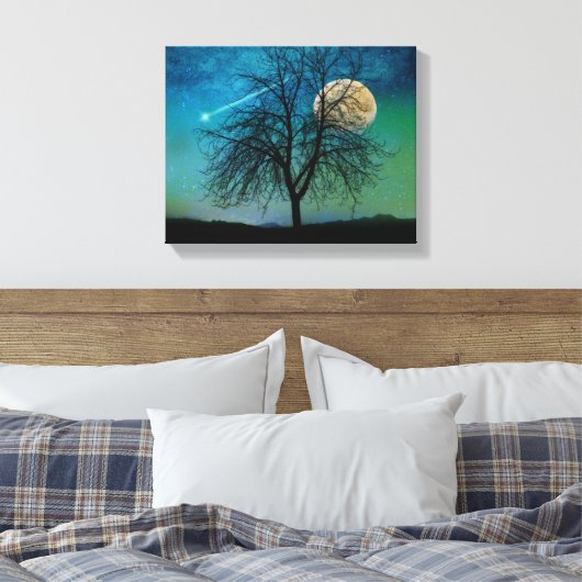 Opalescent Sky, boom, oogstmaan, vallende ster Canvas Afdruk (Insitu (Slaapkamer))