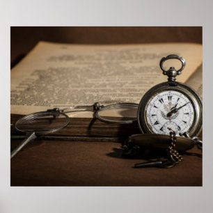 Opa's Antiek horloge en bril Poster