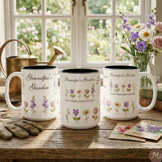 Opa's Tuin met 5 Geboortebloemen & Namen Tweekleurige Koffiemok