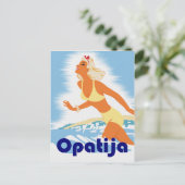 Opatia, meisje op het strand, oud reisje briefkaart (Staand voorkant)