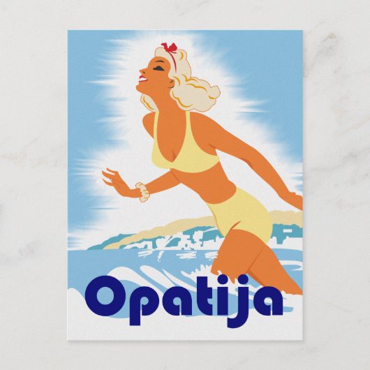 Opatia, meisje op het strand, oud reisje briefkaart (Voorkant)