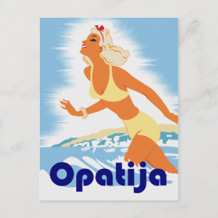 Opatia, meisje op het strand, vintage reisreclame briefkaart